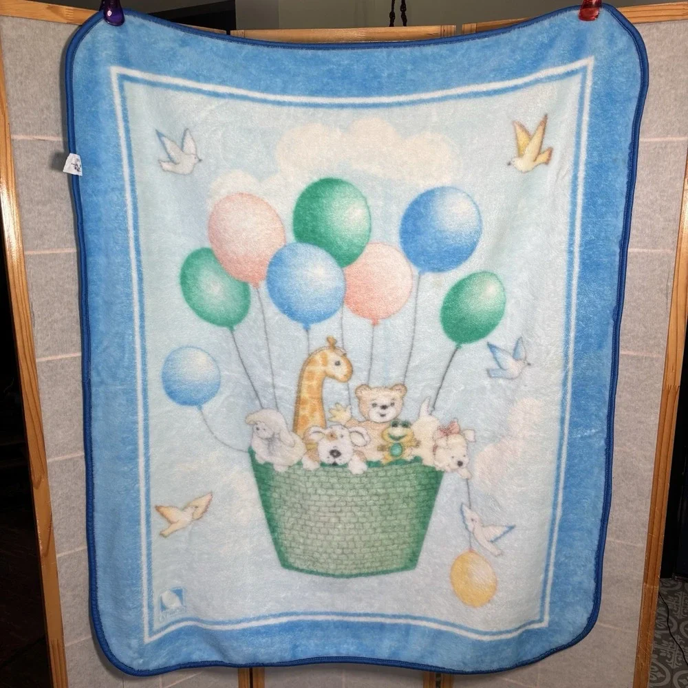 Vintage NovaTex Baby Blanket‎ Hot Air Balloon Nursery Animals Zoo Clouds 43 X 51